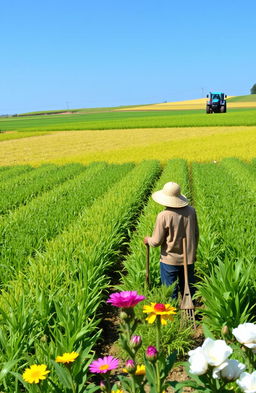 An expansive and vibrant agriculture and plantation management scene showcasing diverse crops like rice, corn, and cotton fields under a clear blue sky
