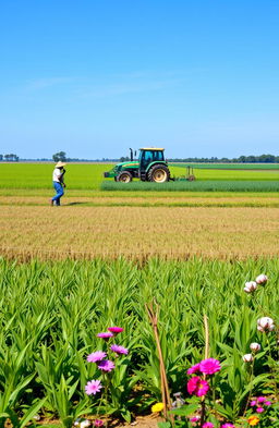 An expansive and vibrant agriculture and plantation management scene showcasing diverse crops like rice, corn, and cotton fields under a clear blue sky