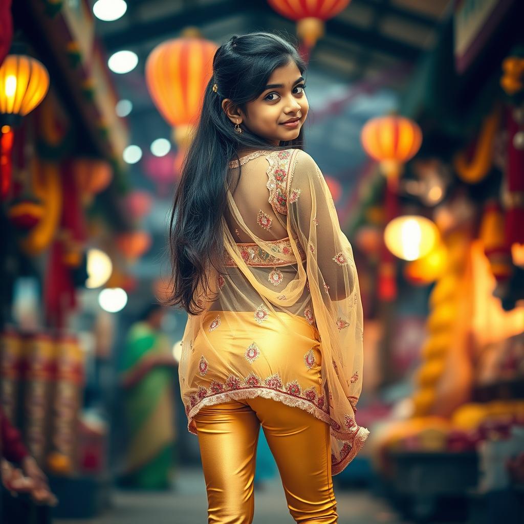 A beautiful 16-year-old Indian girl wearing tight golden leggings and a sheer net kurti, showcasing her back in a graceful pose