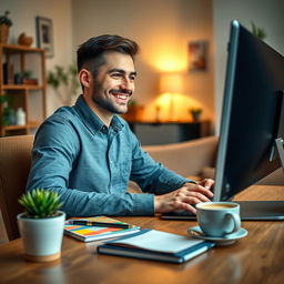 An engaging eBook cover design showcasing a close-up view of a happy man working at his computer in a cozy home environment