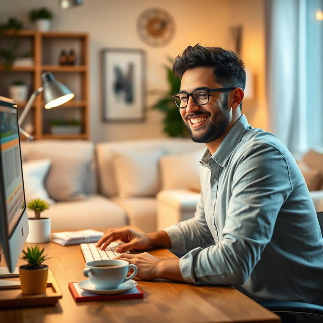 An engaging eBook cover design showcasing a close-up view of a happy man working at his computer in a cozy home environment