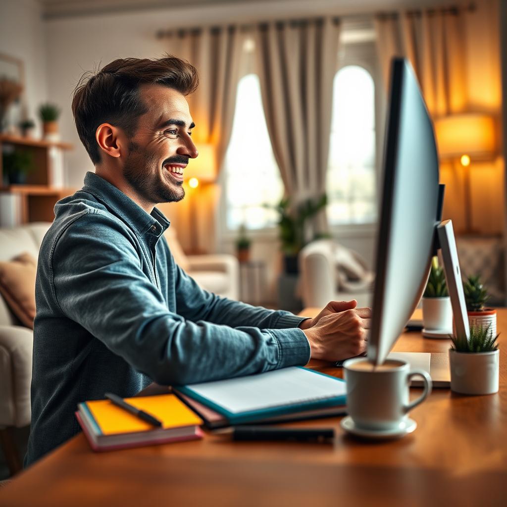 An engaging eBook cover design showcasing a close-up view of a happy man working at his computer in a cozy home environment