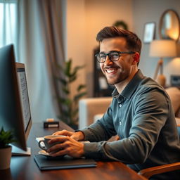 An engaging eBook cover design showcasing a close-up view of a happy man working at his computer in a cozy home environment