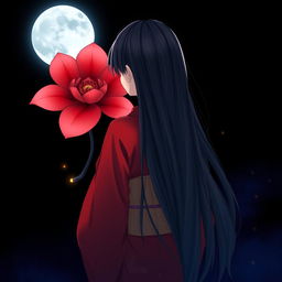 A melancholic anime-style image of a girl, fair as snow, with long, flowing black hair, dressed in a striking red kimono, viewed from behind