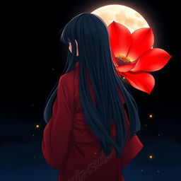 A melancholic anime-style image of a girl, fair as snow, with long, flowing black hair, dressed in a striking red kimono, viewed from behind