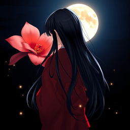 A melancholic anime-style image of a girl, fair as snow, with long, flowing black hair, dressed in a striking red kimono, viewed from behind