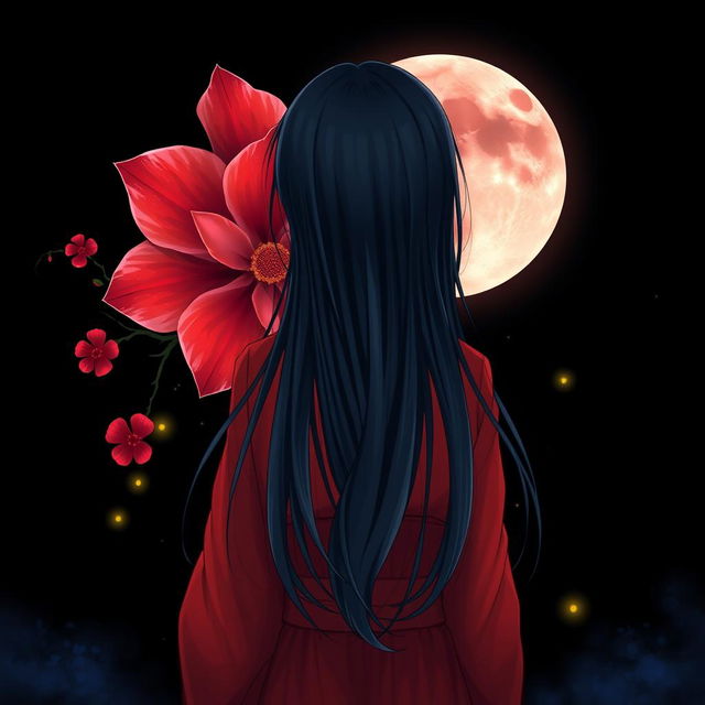 A melancholic anime-style image of a girl, fair as snow, with long, flowing black hair, dressed in a striking red kimono, viewed from behind