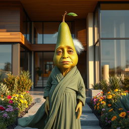 A realistic portrayal of an elderly feminine avocado wearing a flowing sage robe, standing gracefully outside a luxurious modern house