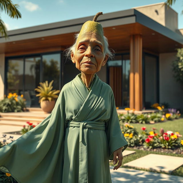 A realistic portrayal of an elderly feminine avocado wearing a flowing sage robe, standing gracefully outside a luxurious modern house