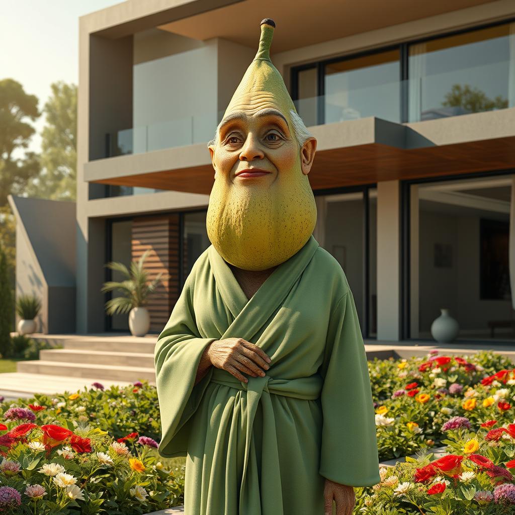 A realistic portrayal of an elderly feminine avocado wearing a flowing sage robe, standing gracefully outside a luxurious modern house