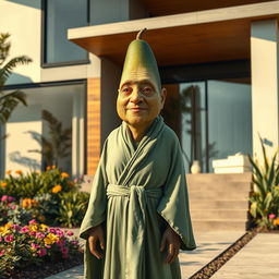 A realistic portrayal of an elderly feminine avocado wearing a flowing sage robe, standing gracefully outside a luxurious modern house