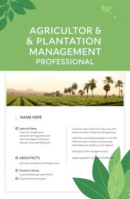 A professional cover page designed for an Agriculture & Plantation Management resume