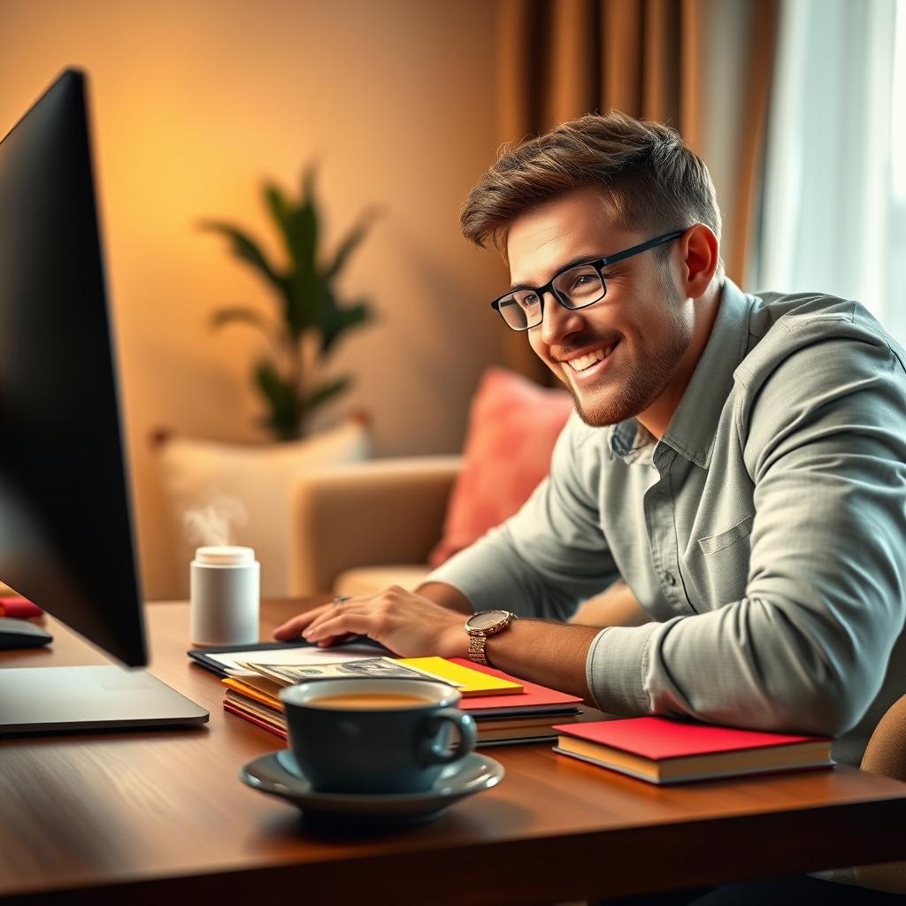 An engaging eBook cover design showcasing a close-up view of a happy man working at his computer in a cozy home environment