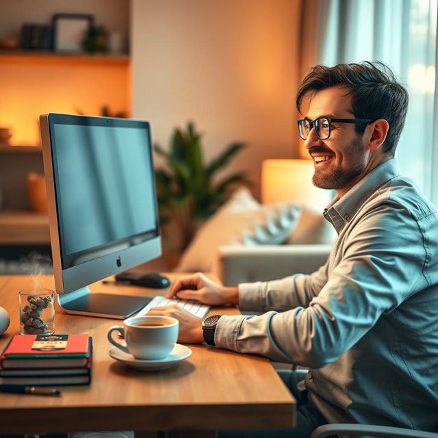 An engaging eBook cover design showcasing a close-up view of a happy man working at his computer in a cozy home environment