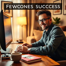 An engaging eBook cover design showcasing a close-up view of a happy man working at his computer in a cozy home environment