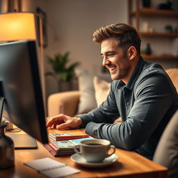 An engaging eBook cover design showcasing a close-up view of a happy man working at his computer in a cozy home environment