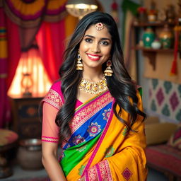 A beautiful Indian woman dressed in vibrant traditional attire, such as a lehenga or saree, showcasing intricate embroidery and patterns