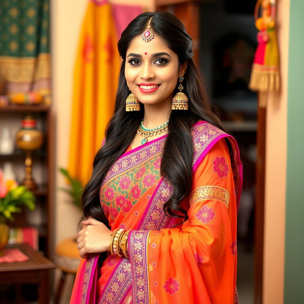 A beautiful Indian woman dressed in vibrant traditional attire, such as a lehenga or saree, showcasing intricate embroidery and patterns