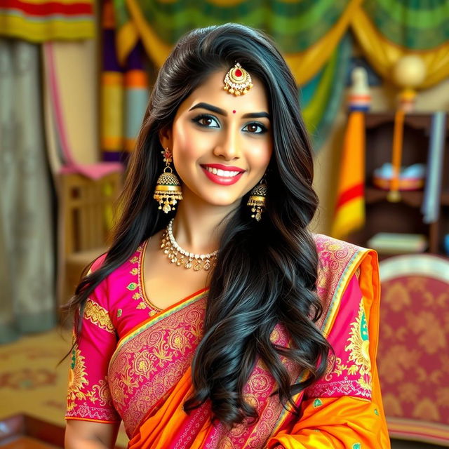 A beautiful Indian woman dressed in vibrant traditional attire, such as a lehenga or saree, showcasing intricate embroidery and patterns