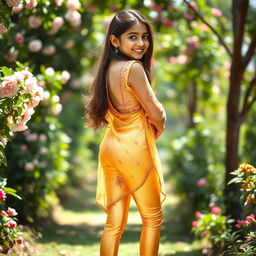 A beautiful 16-year-old Indian girl wearing tight golden leggings and a sheer net kurti, showcasing her back in an elegant pose
