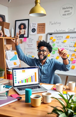 A vibrant and engaging visual representation of a small business owner enthusiastically strategizing marketing techniques on a tight budget