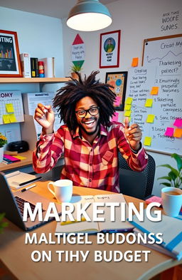 A vibrant and engaging visual representation of a small business owner enthusiastically strategizing marketing techniques on a tight budget
