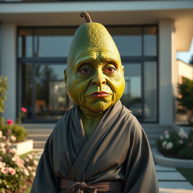 A wise, elderly feminine avocado with intricate facial details, draped in an elegant robe, standing outside a luxurious modern house