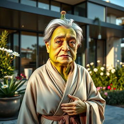 A wise, elderly feminine avocado with intricate facial details, draped in an elegant robe, standing outside a luxurious modern house