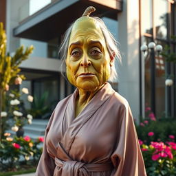 A wise, elderly feminine avocado with intricate facial details, draped in an elegant robe, standing outside a luxurious modern house