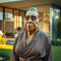 A wise, elderly feminine avocado with intricate facial details, draped in an elegant robe, standing outside a luxurious modern house