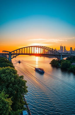 A stunning view of a modern bridge spanning a vast river, with vibrant sunset colors reflecting off the water