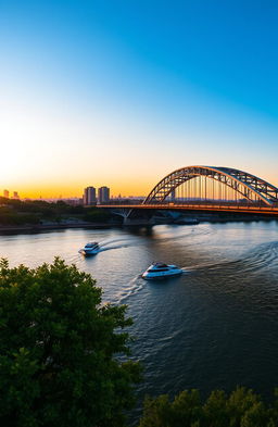 A stunning view of a modern bridge spanning a vast river, with vibrant sunset colors reflecting off the water