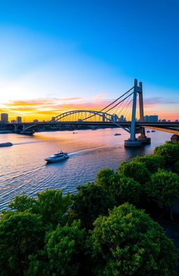 A stunning view of a modern bridge spanning a vast river, with vibrant sunset colors reflecting off the water