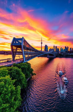 A stunning view of a modern bridge spanning a vast river, with vibrant sunset colors reflecting off the water
