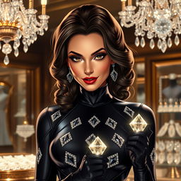 Ruby Steel, a glamorous and alluring jewel thief, with striking features and a dazzling smile