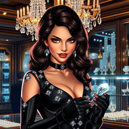 Ruby Steel, a glamorous and alluring jewel thief, with striking features and a dazzling smile