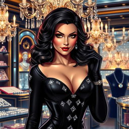 Ruby Steel, a glamorous and alluring jewel thief, with striking features and a dazzling smile
