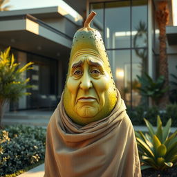 A wise, elderly feminine avocado, featuring realistic textures and details, covered in a raggedy cloth that drapes loosely around her