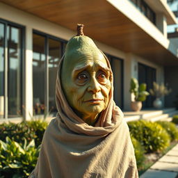 A wise, elderly feminine avocado, featuring realistic textures and details, covered in a raggedy cloth that drapes loosely around her