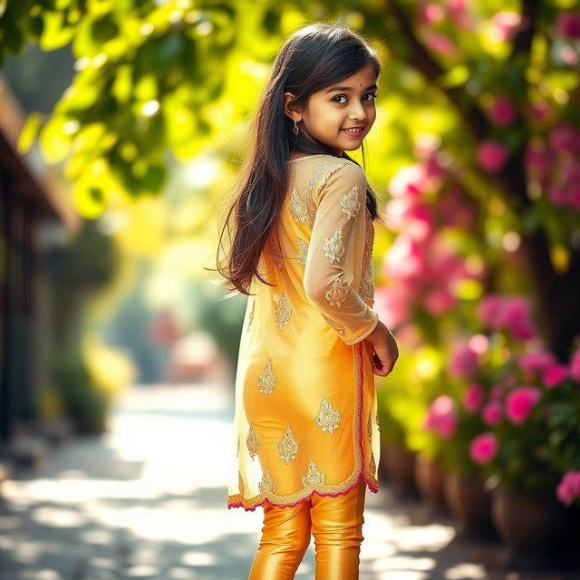 A vibrant scene featuring a 16-year-old Indian girl in tight golden leggings and a delicate net kurti, gracefully showcasing her back