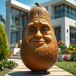 A realistic depiction of a wrinkly brown feminine avocado, showcasing detailed textures that reflect its age and character, standing proudly outside a luxurious modern house