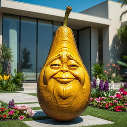 A realistic depiction of a wrinkly brown feminine avocado, showcasing detailed textures that reflect its age and character, standing proudly outside a luxurious modern house