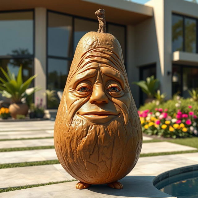 A realistic depiction of a wrinkly brown feminine avocado, showcasing detailed textures that reflect its age and character, standing proudly outside a luxurious modern house