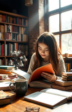 A cozy scene featuring a wooden table filled with various books