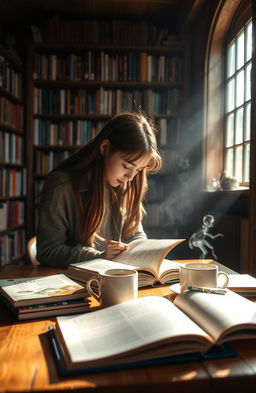 A cozy scene featuring a wooden table filled with various books