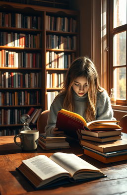 A cozy scene featuring a wooden table filled with various books