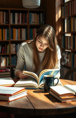 A cozy scene featuring a wooden table filled with various books