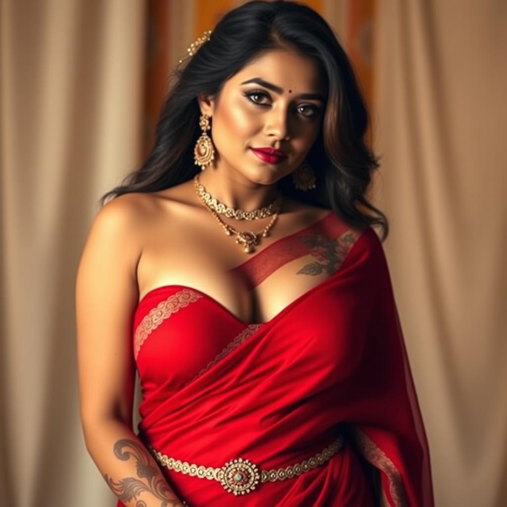 A sexy Indian woman with a voluptuous figure and traditional Indian features, wearing a stunning red saree with a deep neck blouse