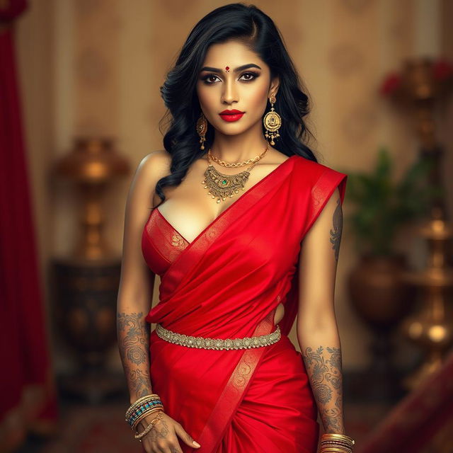 A sexy Indian woman with a voluptuous figure and traditional Indian features, wearing a stunning red saree with a deep neck blouse