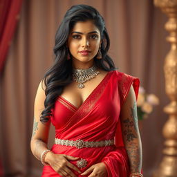 A sexy Indian woman with a voluptuous figure and traditional Indian features, wearing a stunning red saree with a deep neck blouse